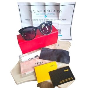 FENDI FF Black Acetate Round  Sunglasses All Paperwork Case Authenticated